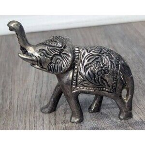 Miniature Elephant Figure Engraved Silver Tone Metal Pewter? Figurine Trinket